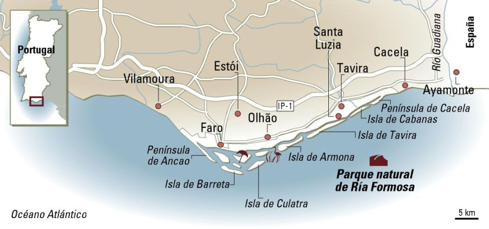 Ilhas do sul de Portugal alcançadas a partir de Olhao e Faro